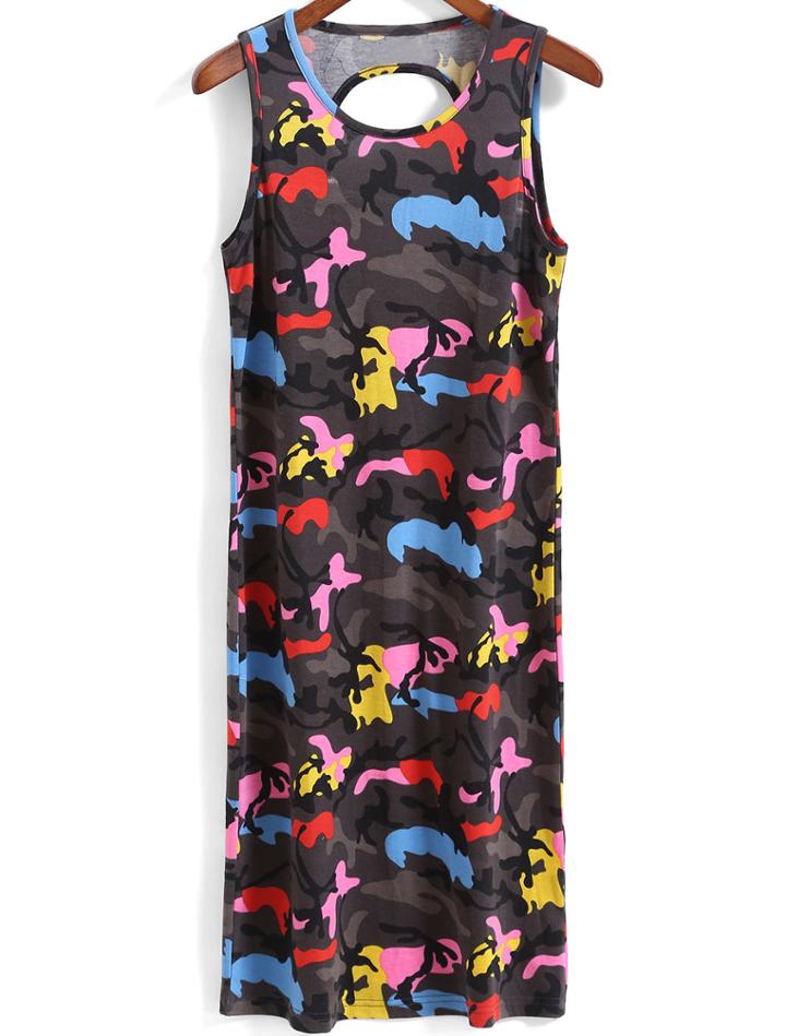 Romwe Open Back Camouflage Shift Grey Dress