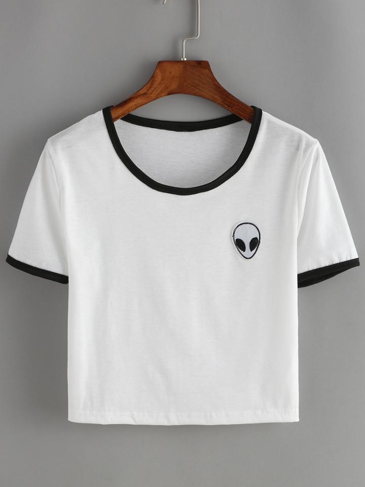 Romwe White Contrast Alien Print Crop T-shirt