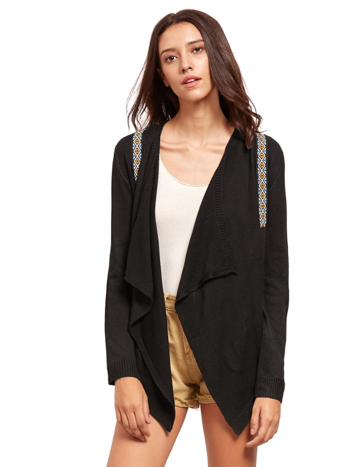 Romwe Black Tape Detail Lapel Knitted Cardigan