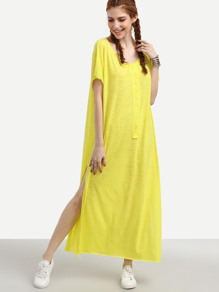 Romwe Yellow Buttoned Front Loose Fit Slit Dress