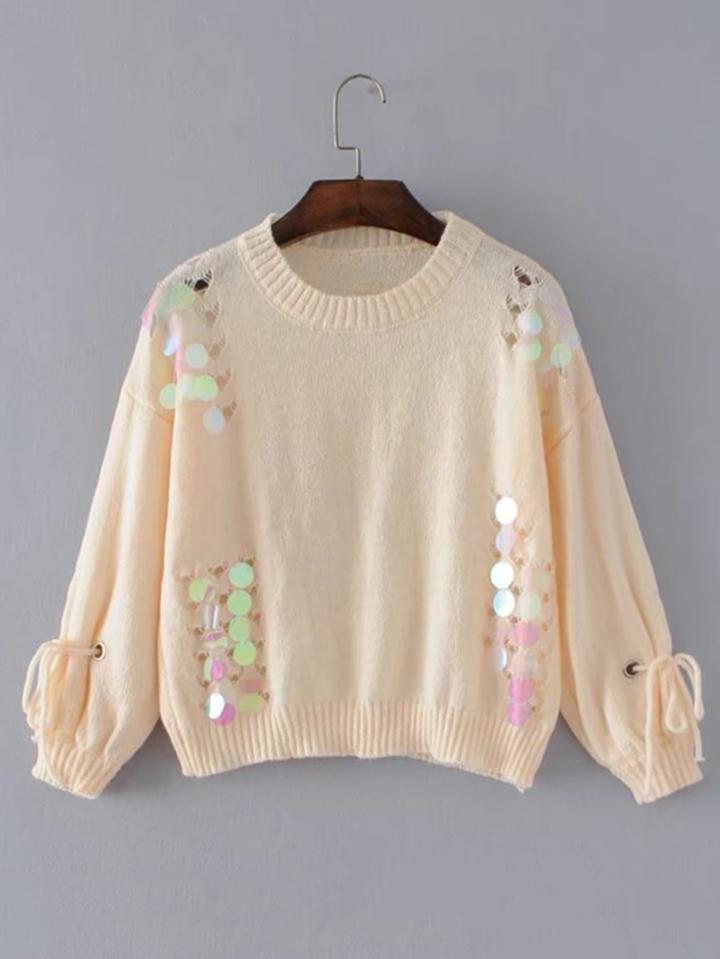 Romwe Sequin Detail Tie Sleeve Sweater