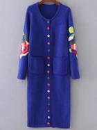 Romwe Blue Floral Pattern Button Up Long Sweater Coat