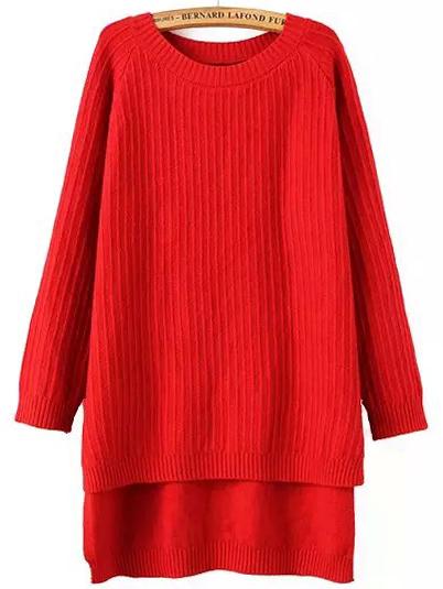 Romwe Raglan Sleeve Dip Hem Ribbed Slit Red Jumper