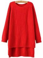Romwe Raglan Sleeve Dip Hem Ribbed Slit Red Jumper