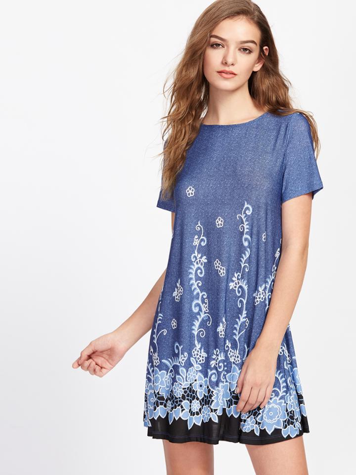 Romwe Vine Flower Print Flowy Dress