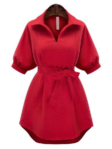 Romwe Lantern Sleeve Self-tie Shirt Dress