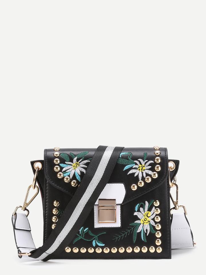 Romwe Flower Embroidery Crossbody Bag With Studded