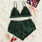 Romwe Contrast Lace Satin Bralette With Shorts