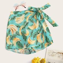 Romwe Banana Print Knot Side Skorts