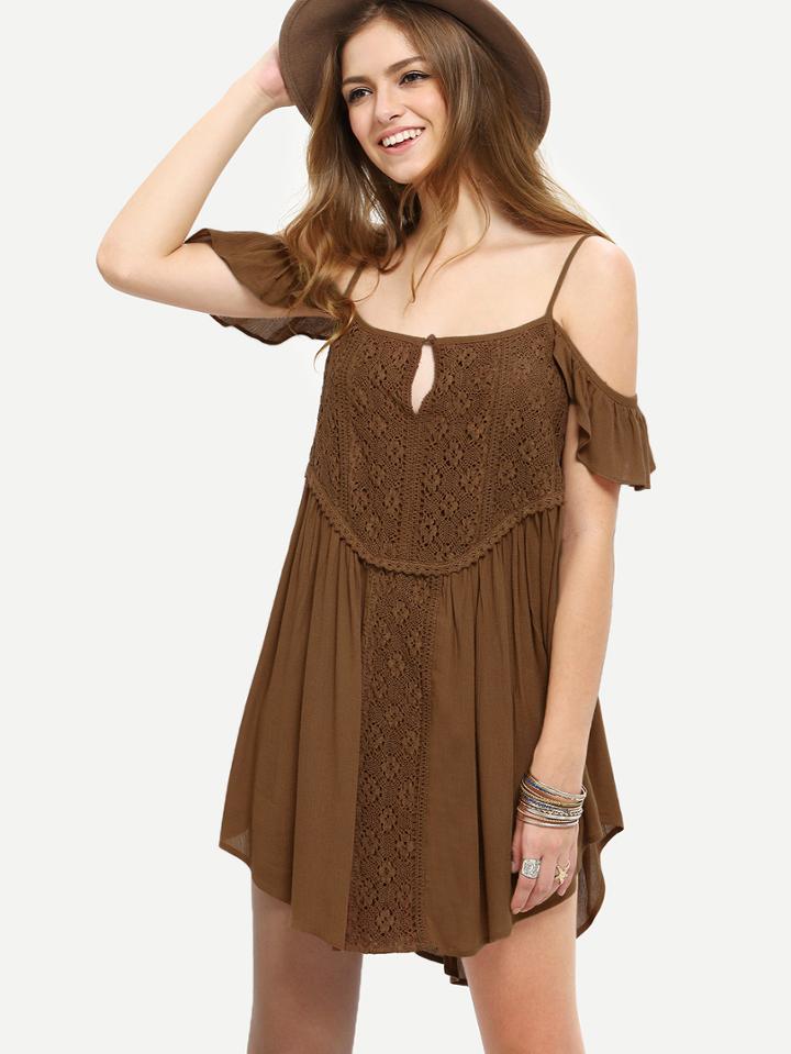 Romwe Coffee Ruffle Cold Shoulder Shift Dress