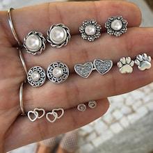 Romwe Footprint & Heart Stud Earrings 7pairs