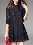 Romwe Navy Lapel Hollow Shirt Dress