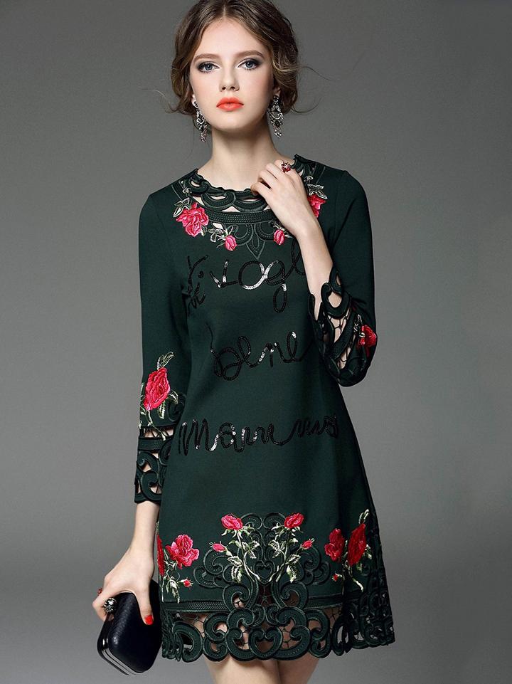 Romwe Green Round Neck Long Sleeve Embroidered Sequined Dress