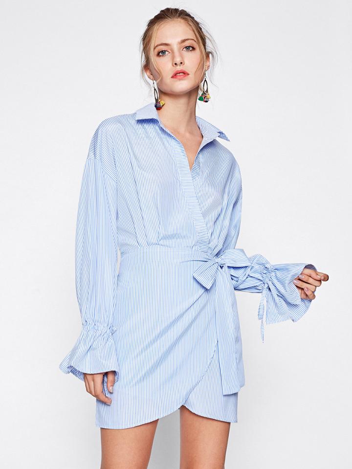 Romwe Drawstring Bell Cuff Surplice Wrap Shirt Dress