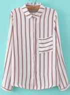 Romwe White Red Long Sleeve Striped Pocket Blouse