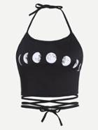 Romwe Moon Phases Print Lace Up Self Tie Top