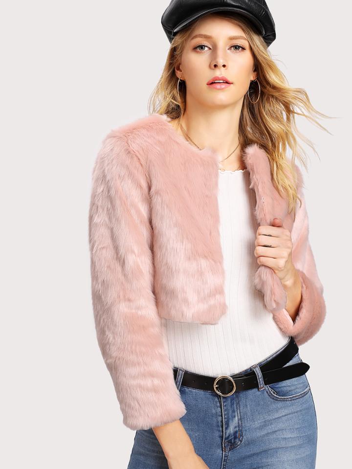 Romwe Faux Fur Crop Coat