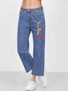 Romwe Blue Cartoon Print Fringe Hem Loose Jeans
