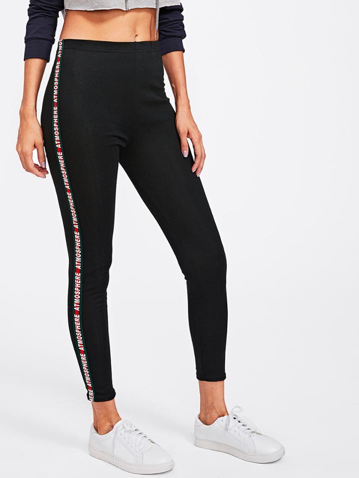 Romwe Letter Print Striped Side Skinny Leggings