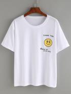 Romwe Smiley Face Print T-shirt - White