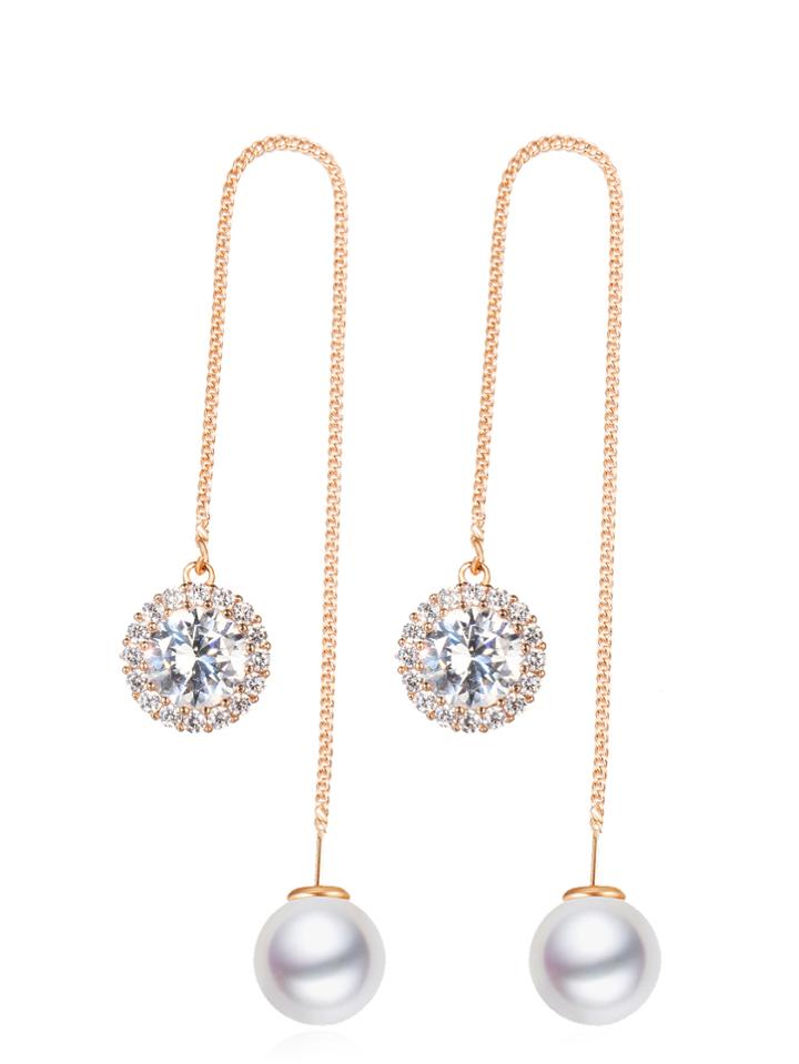 Romwe Gold Rhinestone Drop Earrings With Faux Pearl