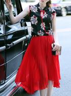 Romwe Black Red Hollow Opera Print Top With Skirt