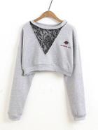 Romwe Lace Insert Rose Embroidery Crop Sweatshirt