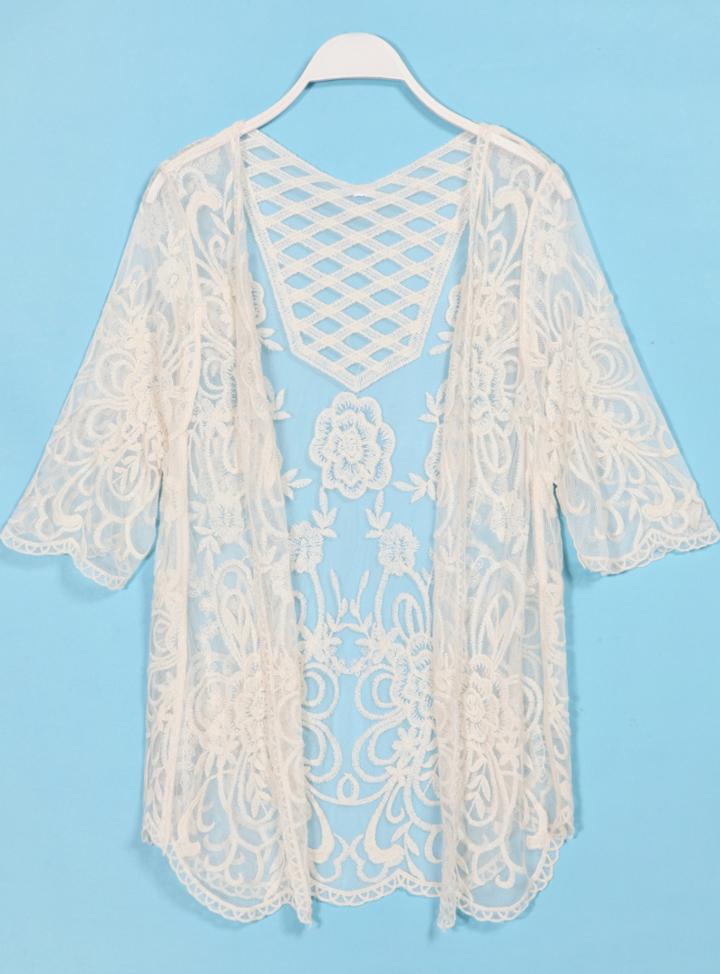 Romwe Half Sleeve Sheer Lace Embroidered Blouse
