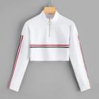 Romwe Varsity Stripe Quarter Zip Crop Sweatshirt