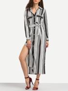 Romwe Striped Slit Self-tie Long Shirt Dress