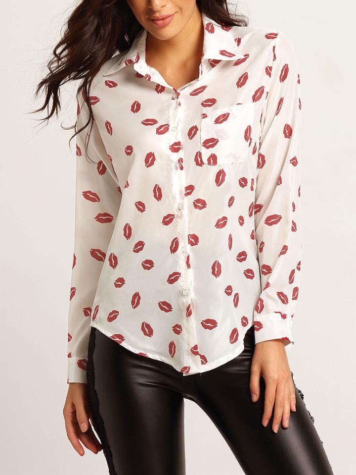 Romwe White Lapel Long Sleeve Lips Print Blouse