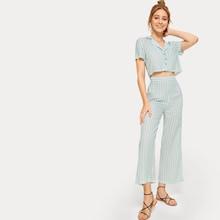 Romwe Striped Button Front Blouse With Pants