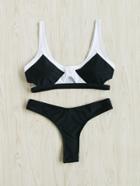 Romwe Contrast Paneled Cut Out Bikini Set