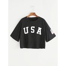 Romwe Letter Print Drop Shoulder Crop T-shirt