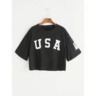 Romwe Letter Print Drop Shoulder Crop T-shirt