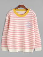 Romwe Pink Striped Contrast Trim Letter Front Sweater