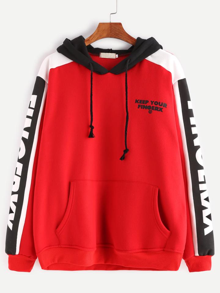 Romwe Red Contrast Letter Print Drawstring Hooded Pocket Sweatshirt