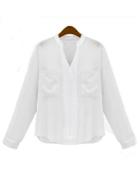 Romwe White V Neck Long Sleeve Shirt
