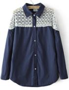 Romwe Navy Contrast Hollow Lace Loose Blouse