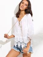 Romwe White Lace Up Embroidered Blouse