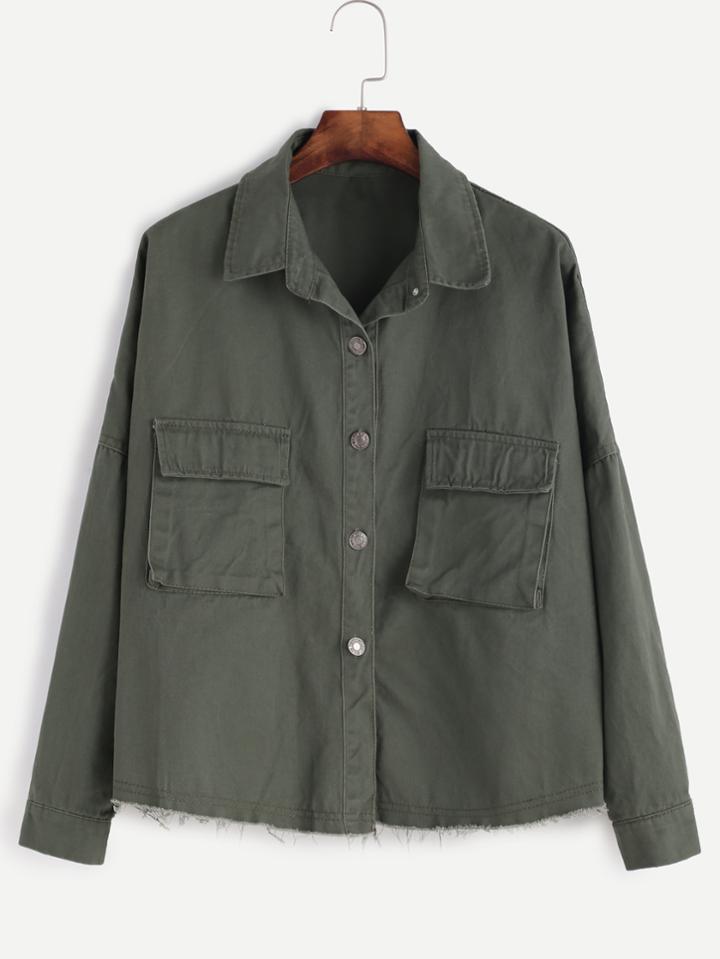 Romwe Green Dropped Shoulder Seam Fray Hem Jacket