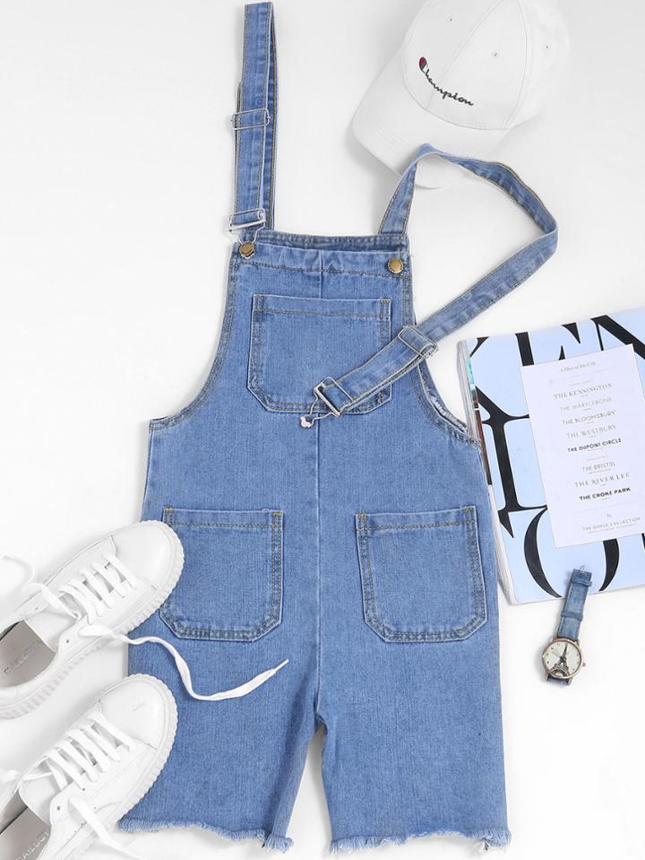 Romwe Fray Hem Denim Dungaree Shorts