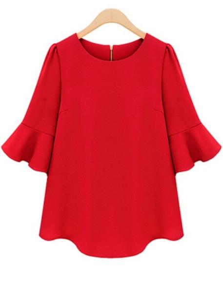 Romwe Half Sleeve Flouncing Chiffon Red Blouse