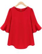 Romwe Half Sleeve Flouncing Chiffon Red Blouse