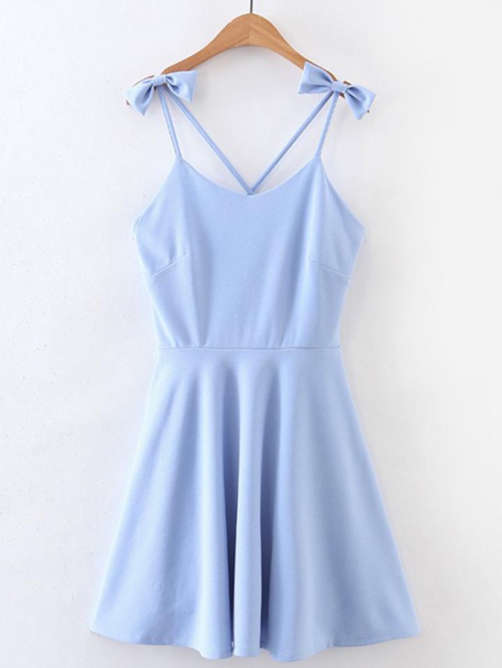 Romwe Criss Cross Back Cami Dress With Bow Detail