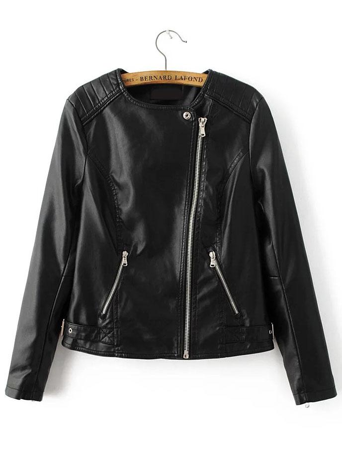 Romwe Black Oblique Zipper Pu Moto Jacket