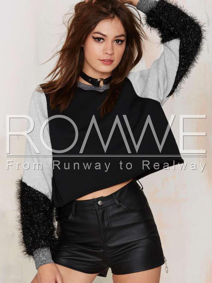 Romwe Black Color Block Embellished Sweatshirt