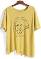 Romwe Yellow Letters Einstein Print Hollow Asymmetrical T-shirt
