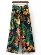 Romwe Tropical Print Tie Waist Wide Leg Pants
