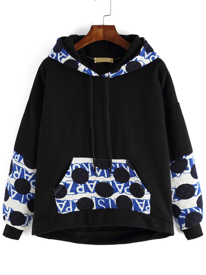 Romwe Hooded Polka Dot Letters Print Black Sweatshirt